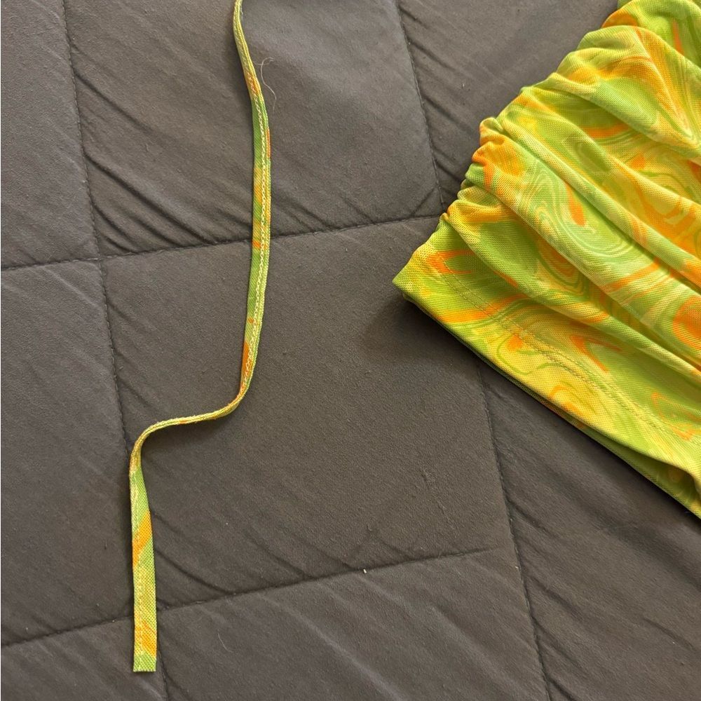 Vibrant Green and Orange Ruched Dress Allover Print Lace Up Backless - Picture 9 of 13